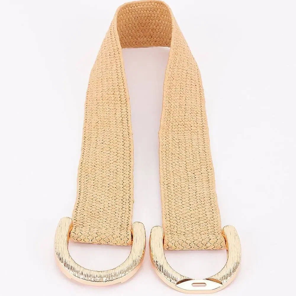 Straw Wide Dual Buckle Elastic Belt - Khaki/Gold